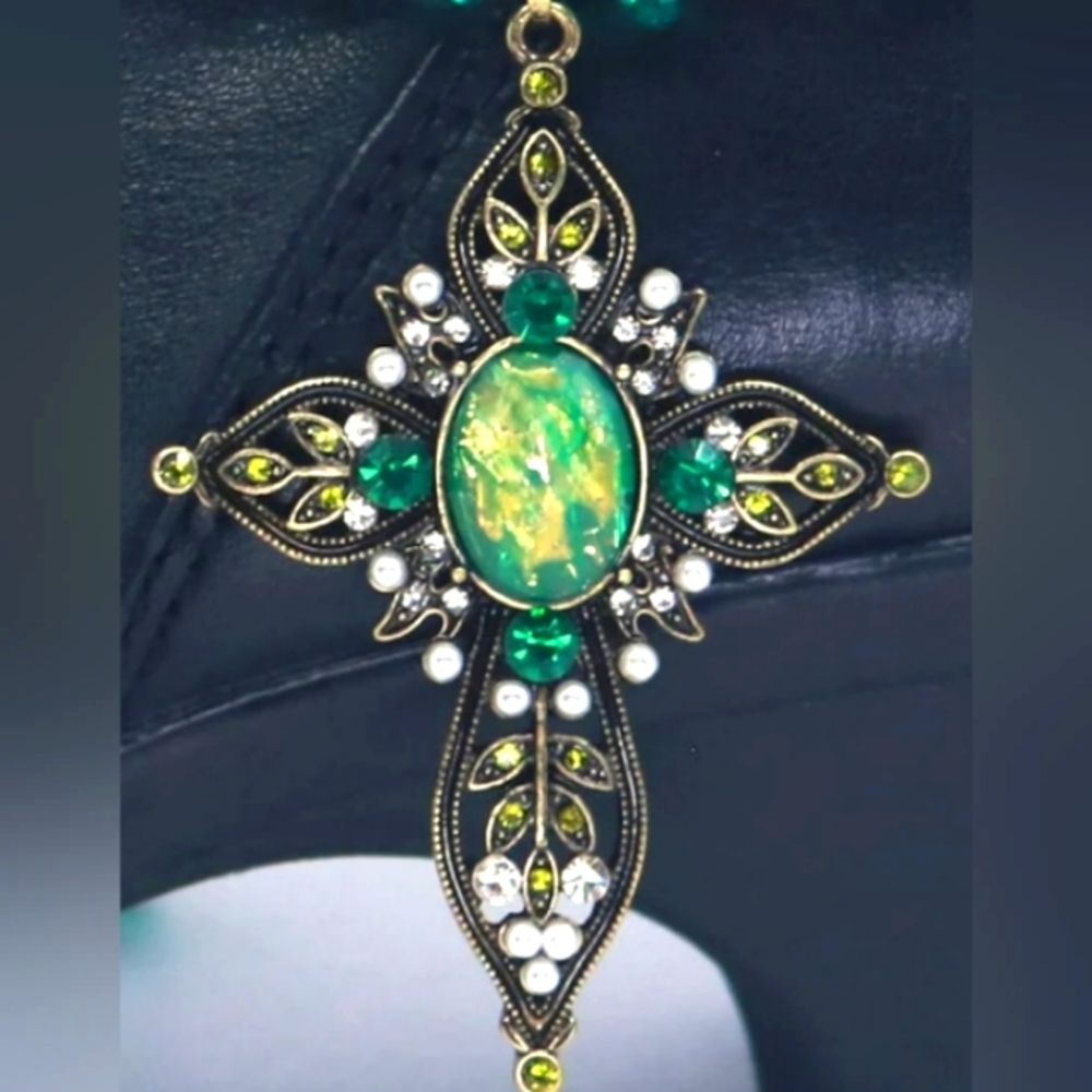 NEW OPALITE LOOK GOLD CROSS NECKLACE WITH BUBBLE CHAIN
